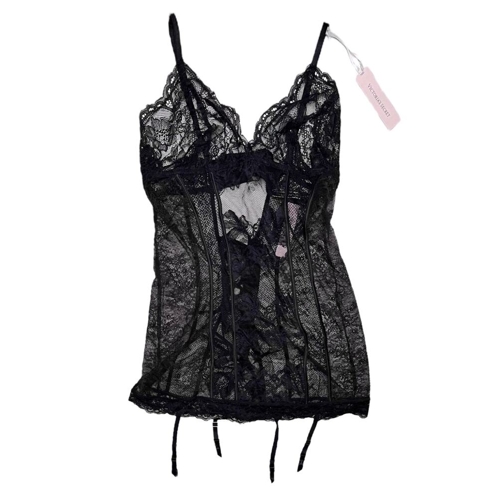 Victoria's Secret Triangle Lace Up Garter Slip Black Lingerie Size Small
